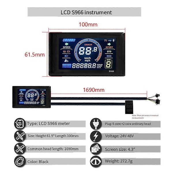 Cykellampa LED S966 Display Panel 40A Sinusvåg Kontroller Borstlös