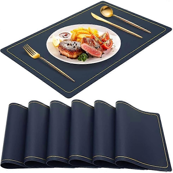 Marinblå Placemats för Matbord Set om 6, Vattentäta Torkbara PU Läder Bordstabletter Inomhus, Tvättbara Köksbordsunderlägg för Påsk Thanksgiving C