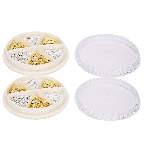 2 lådor snygg nagelkonstdekoration DIY metall glänsande nageldekorationer DIY manikyrverktyg guld silver måne + blad
