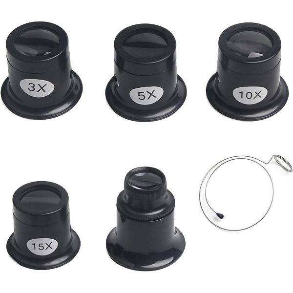 Set - 5-osainen set 3x, 5x, 10x, 15x ja 20x suurennuksella - Ihanteellinen korujen ja watch korjaukseen