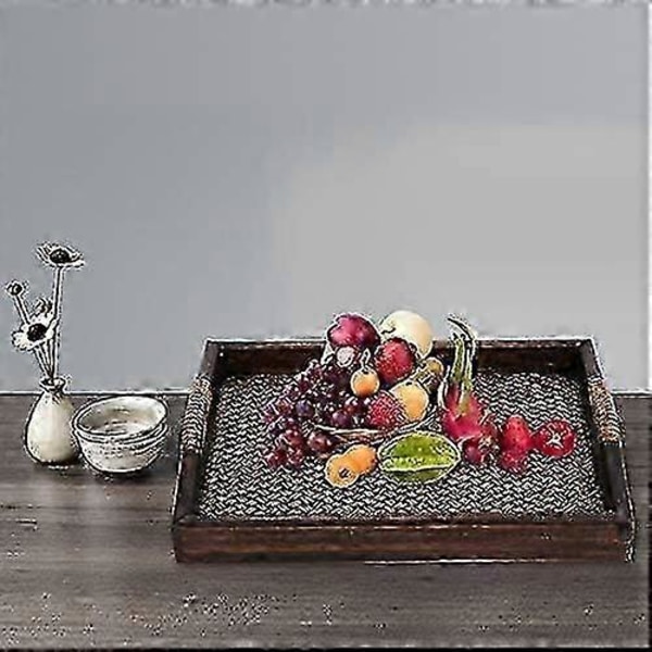 Serveringsbrett, Frokostbrett i tre, Dekorativt salongbord, Rektangulært trebrett med håndtak