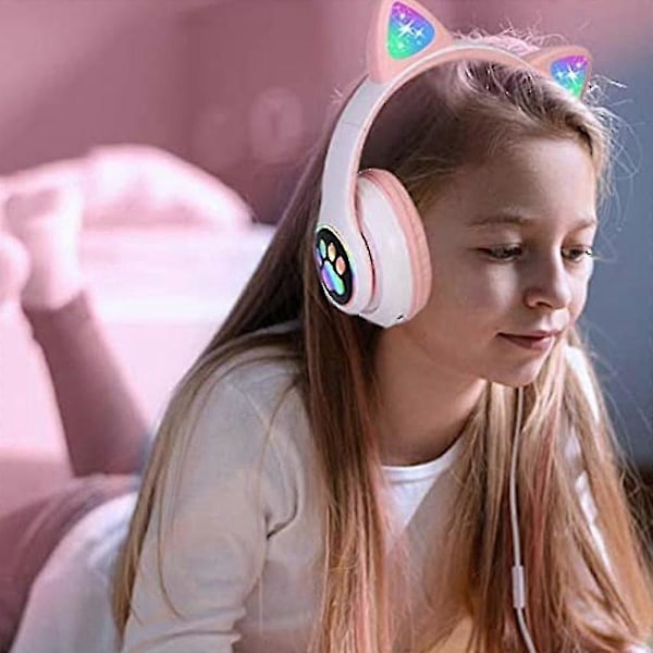 Hodetelefoner Katteøre Trådløse Hodetelefoner, LED Lysende Bluetooth Hodetelefoner Rosa