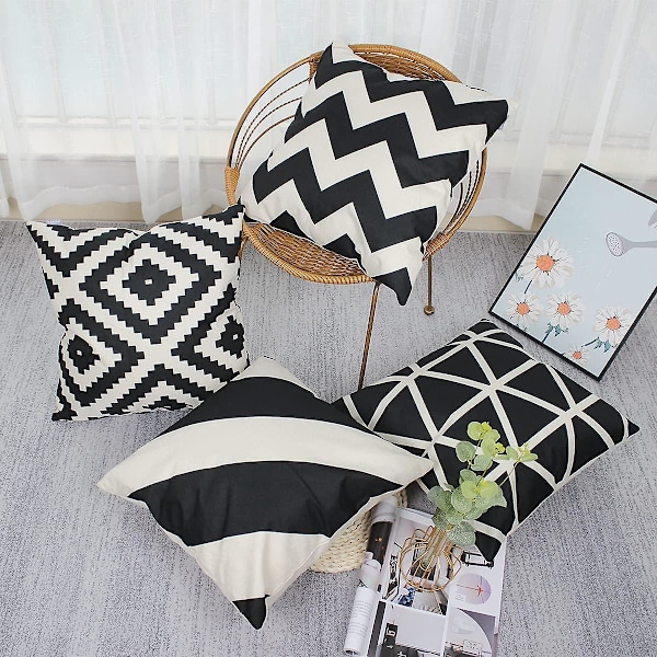 Sett med 4 dekorative putetrekk, svart, 45 x 45 cm, geometriske putetrekk, firkantet putetrekk for utendørs terrasse, hagebenk, stue, sofa