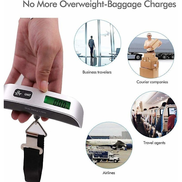 Digital vekt med temperatursensor og orienteringsvogn for å henge opp bagasjen din, reise, fritid og hjem 13 X 3cm (50 kg, 110 lb) sølv - Bat