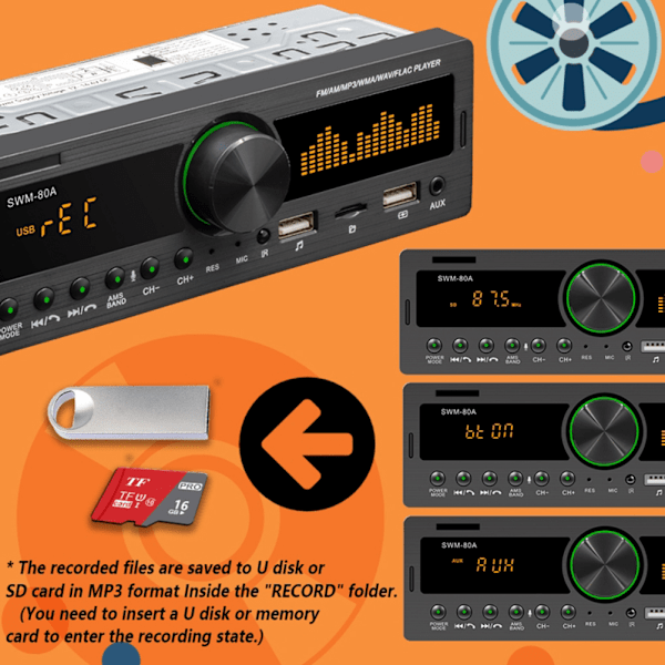 SWM-80A Autoradion MP3-soitin FM-radio Värikäs valaistus Bluetooth MP3-audiosoitin