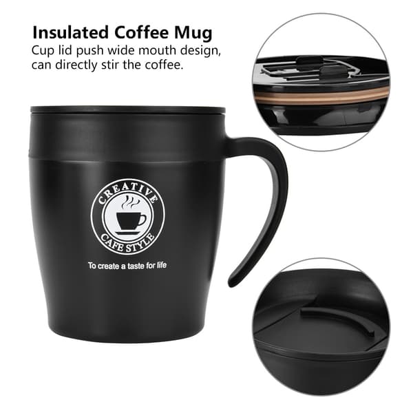 Isoleret kaffekrus i rustfrit stål med ske og låg til kontorrejser (sort)