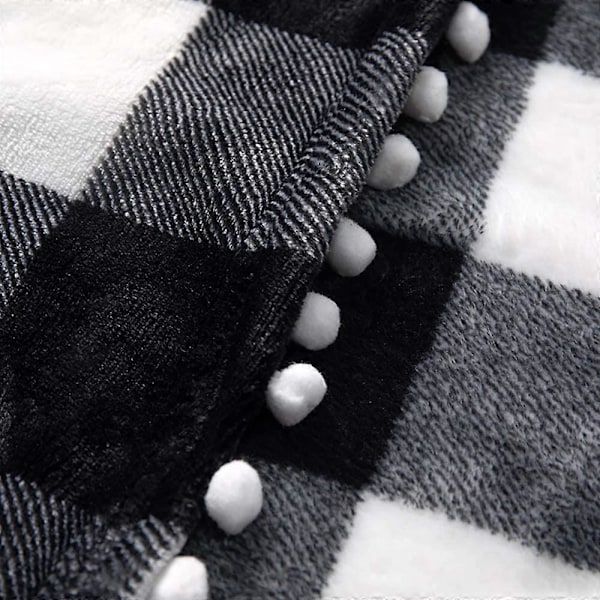 Fleece Tæppe med Kvaster, Sort og Hvid Plaid Buffalo Flanel Plaid til Sofa Seng Egnet til Alle Årstider (130x150cm)