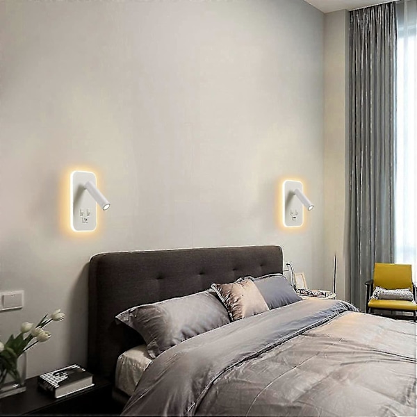 LED Væglampe, Sengelampe med Kontakt, USB Opladningsport, Dæmpbar Stemningsbelysning til Soveværelse (3W Naturligt Lys + 10W Varmt Lys) Hvid