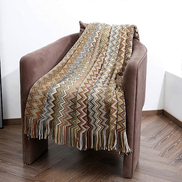 Bohemisk Stickad Pläd Filt Nordisk Stil Pläd med Toppar, Akryl Stickad Pläd Dekorativ för Soffa Stol Säng Divan 127 * 152cm, gul