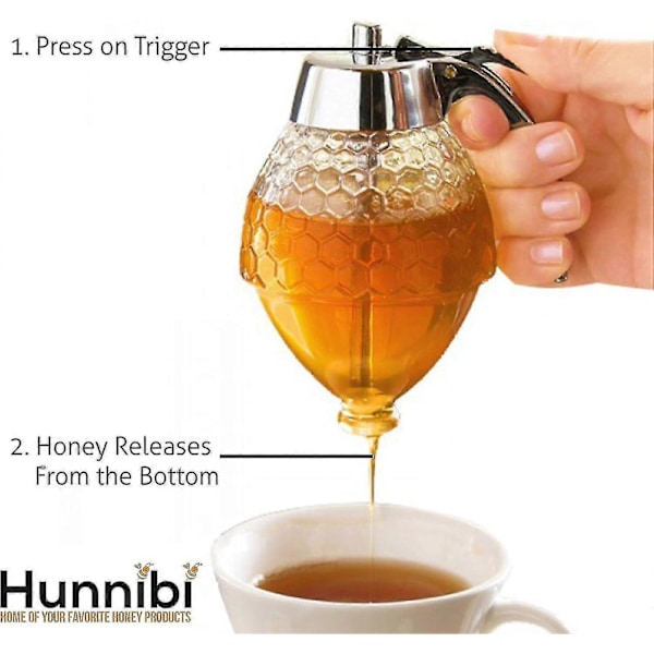 Honningdispenser uden dryp, glas - Ahornsirupdispenser, glas - Smuk honningkageformet honningkrukke - Honningglas med stativ, flot bi-dekoration, Zekai