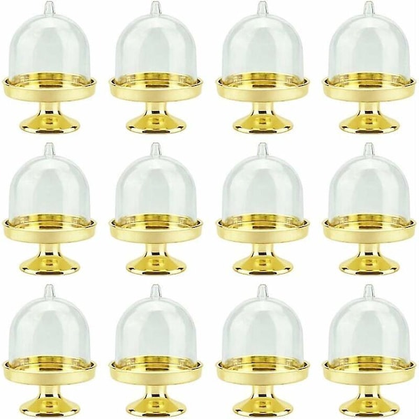 12 st Mini Tårtfat i Plast med Lock, Mini Transparent Tårtfat för Godis, Cupcakes, Suckulenter, Bröllop (Guld Bas)