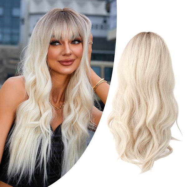 Gradient Blond Brun Lang Krøllet Parykk Dame Varmebestandig Syntetisk Parykk med Bang for Cosplay Party
