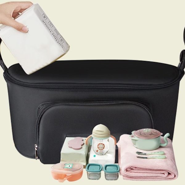Multifunksjonell babyvogn med stor kapasitet, hengende veskeorganisator, oppbevaringspose, bleieflaskeholder, svart, uten stropp