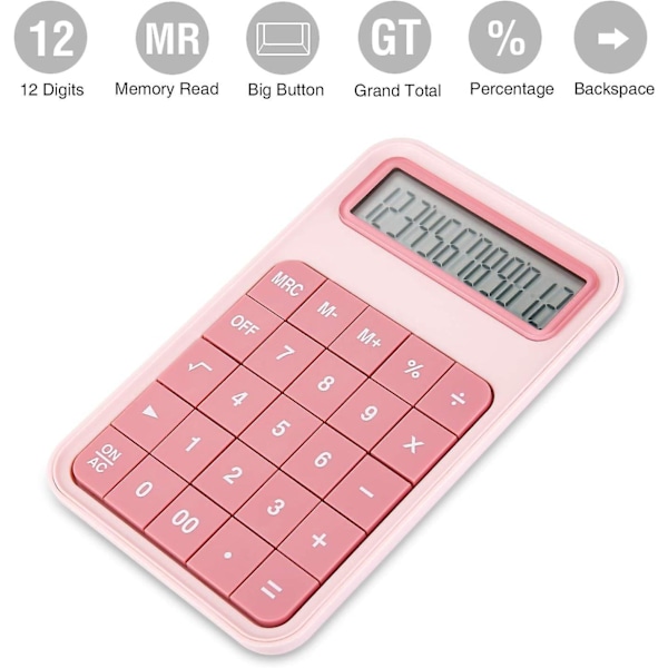 Bordregner Standardfunktion, 12-cifret Stor Skærm LCD-regner til Skole, Kontor, Hjem, Butiksdisk - Pink