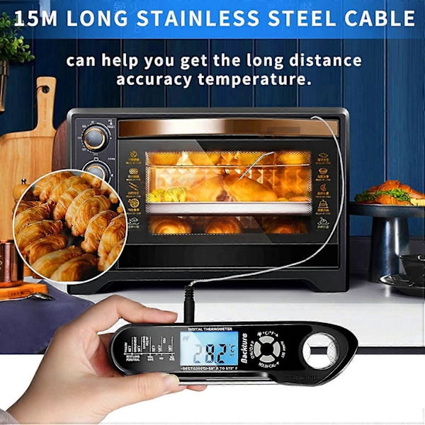 Kjøkkentermometer, Grilltermometer, Matlagingstermometer med Øyeblikkelig Avlesning, Kjøtttermometer, med 2 Lange Prober og LCD-Skjerm, for Grill, Mat, Kjøtt