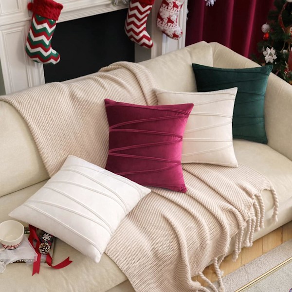 Sett med 2 30x50CM Mørkegrønne Putetrekk i Fløyel med Dekorative Striper Håndsydde Rektangulære Myke Bohemske Komfortable Enkle Holdbare for Sofa