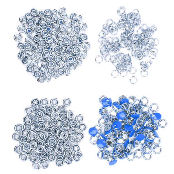 100 sett trykknapper i fargerik messing med installasjonsverktøy - Blå