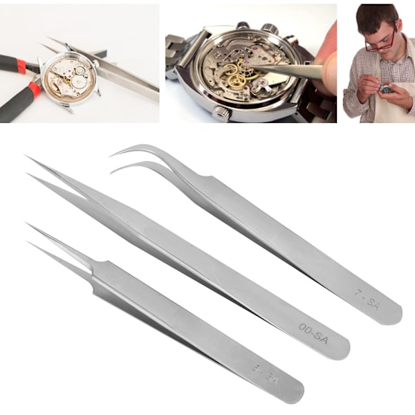 3 kpl / set ruostumattomasta teräksestä set pinsetit watch ja korujen korjaustyökaluille