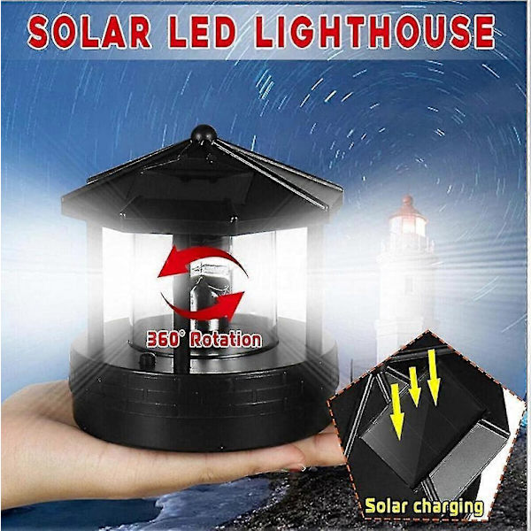 1 stk. Solcelledrevet LED Roterende Fyr, 360 Graders Roterende Praktisk Lampe Udendørs Have Dekoration Lampe