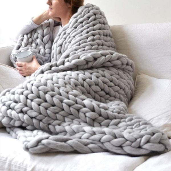 Chunky Merino Wool Knit Blanket for Boho Bedroom Decor - 100x130cm Gray