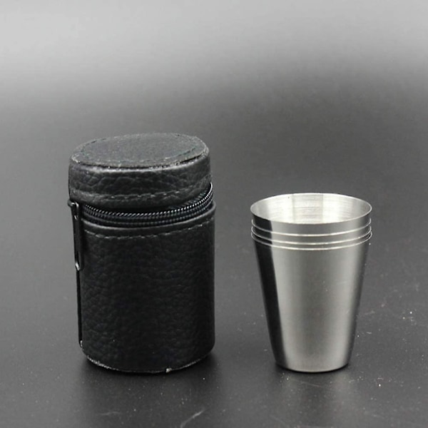 4 stk. 30 ml (1 oz) sort rustfrit stål PU-læder etui til udendørs camping rejse kaffe te kop, sølvfarvet kop, sort etui