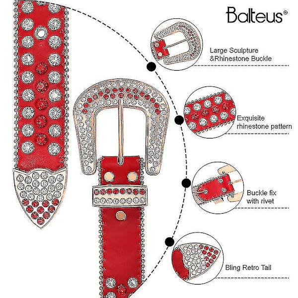 Western Style Rhinestone Studded Läderbälte - Perfekt för herr- och damjeans 105 cm (41 tum) B röd