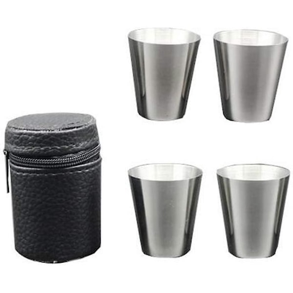 4 stk. 30 ml (1 oz) sort rustfrit stål PU-læder etui til udendørs camping rejse kaffe te kop, sølvfarvet kop, sort etui