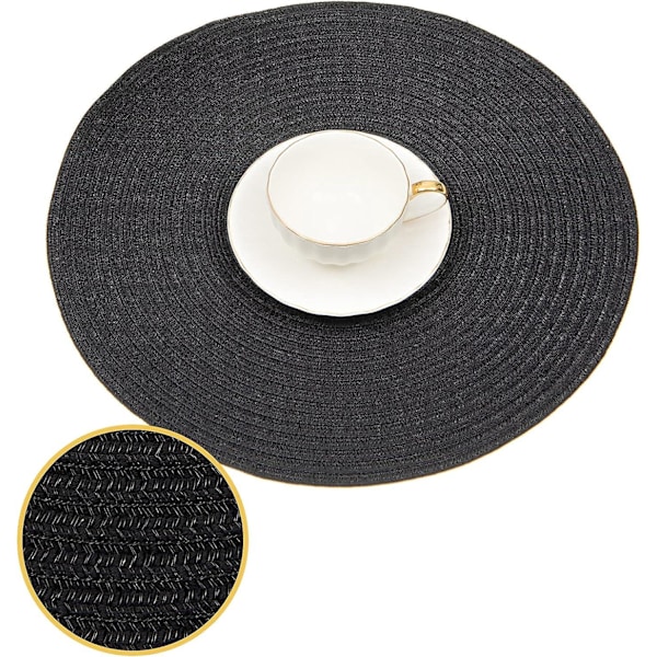 Runda Flätade Bordstabletter Set om 6 Tvättbara Bomull Polyester Vävda Runda Bordsunderlägg 38 cm Värmebeständiga (Svart, 6)