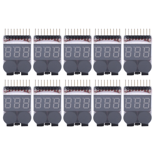 10 stk Lipo Batteri Spenningstester Digital Display 1‑8S Lav Volt Buzzer Alarmsett