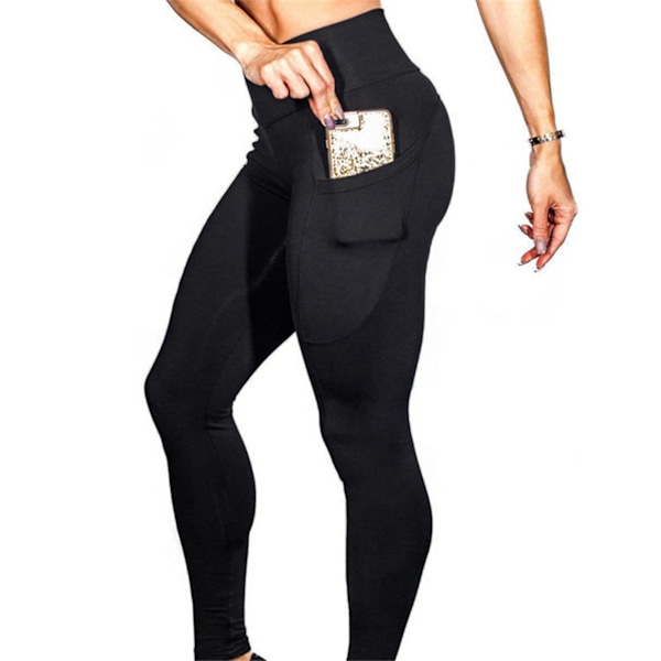 Yoga Leggings med hög midja, rumplyft, sidofickor, löparleggings för träning, dam, svart, XL