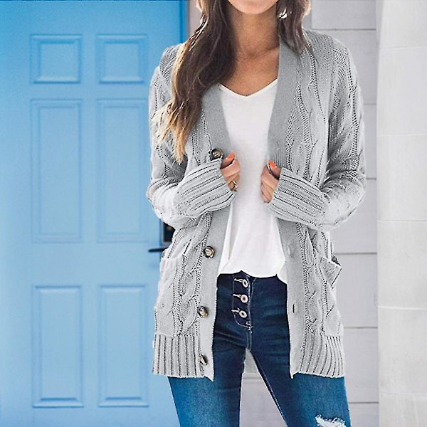 Strik Cardigan med V-hals og Twist-mønster, Enkeltknappet, Lommer med Knapper - XL Army Grøn