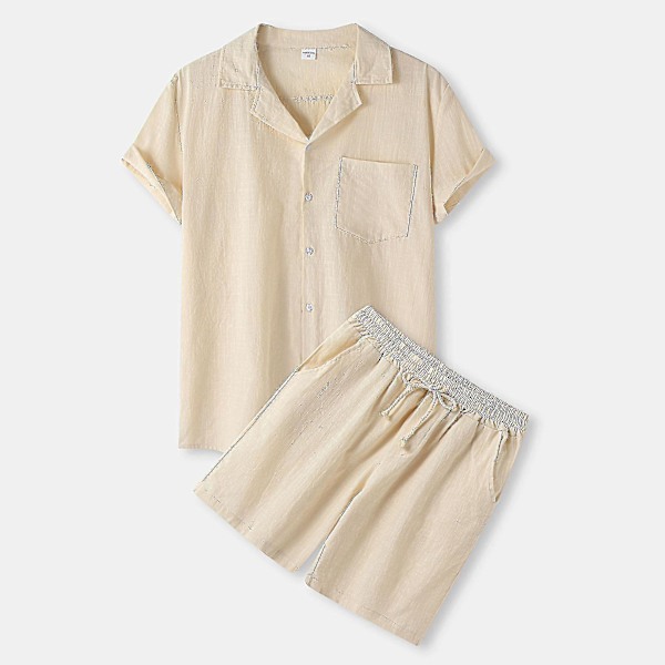 Sommermænds Khaki Bomuld Linned Look Skjorte + Shorts Sæt