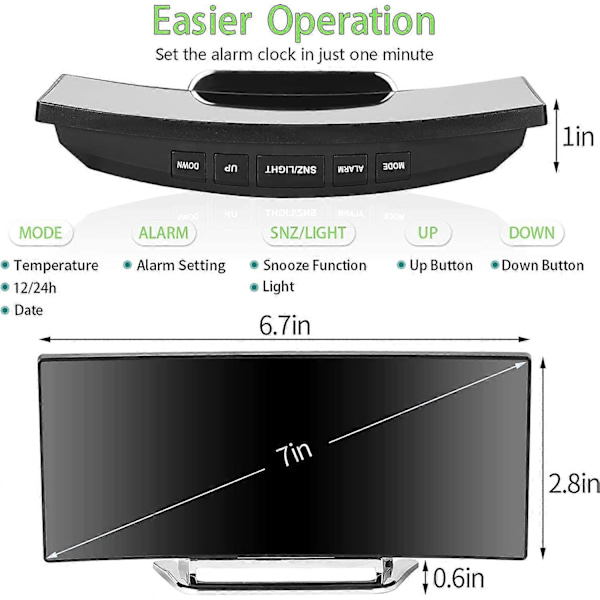 Grønt Digitalt Vækkeur til Soveværelser, 7' LED Spejl Display, 2 Lysstyrker, 12/24H, Temperatur, Dato, Natlys, Snooze, USB Opladning og Batteri
