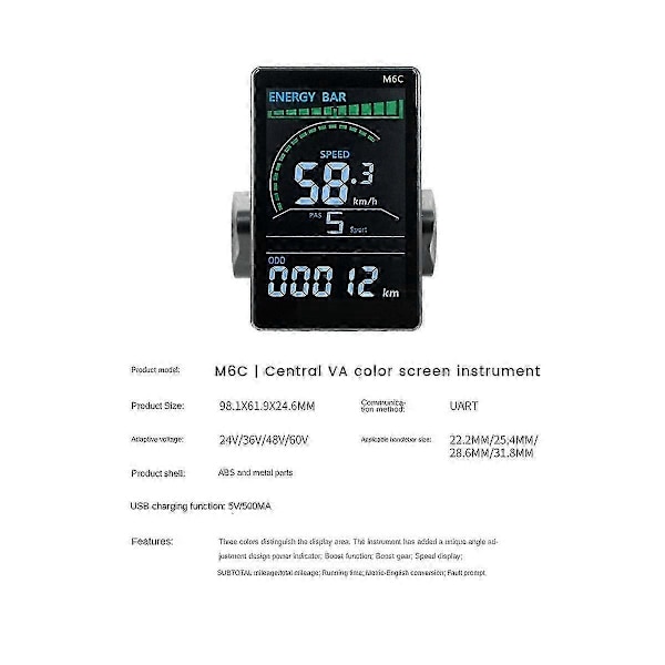 M6C Elektrisk Cykel LCD Display Mätare 24V-60V E Scooter LCD Panel Färgskärm med USB kompatibel med Mountainbike