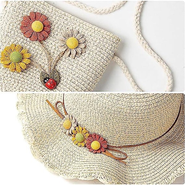 Jente Beige Solhatt med Blomsterdekorasjon - UV-beskyttelse, Sommerhatt for Barn (3-7 år) - Perfekt for Strand og Fotturer