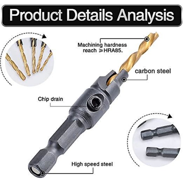 Titanbelagda Bänkskivs Bits, Handborrtillbehörssats Skruvhålsstorlek Countersink Hexskaftborr med 1/4 Set Countersinkborr