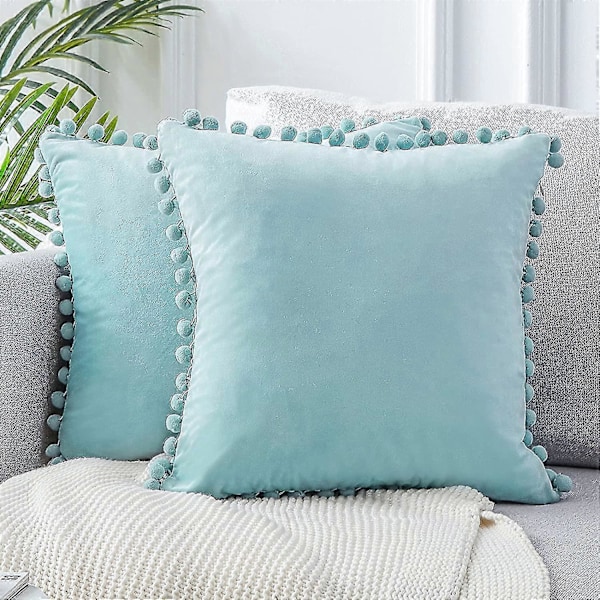 Dekorative putetrekk for sofa, seng, myk partikkel fløyel, ensfargede putetrekk med dusker 18 x 18 tommer 45 x 45 cm, pakke med 2, Aqua Blue