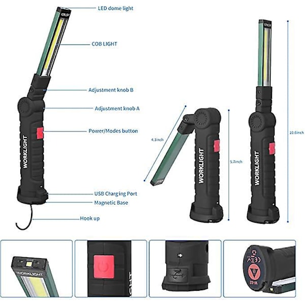 LED Lommelygte Arbejdslampe, COB LED Arbejdslampe Lygte med Magnetisk Base 5 Lystilstande USB Campinglampe til Garage, Camping, Nødsituationer, osv. [Energi Klas