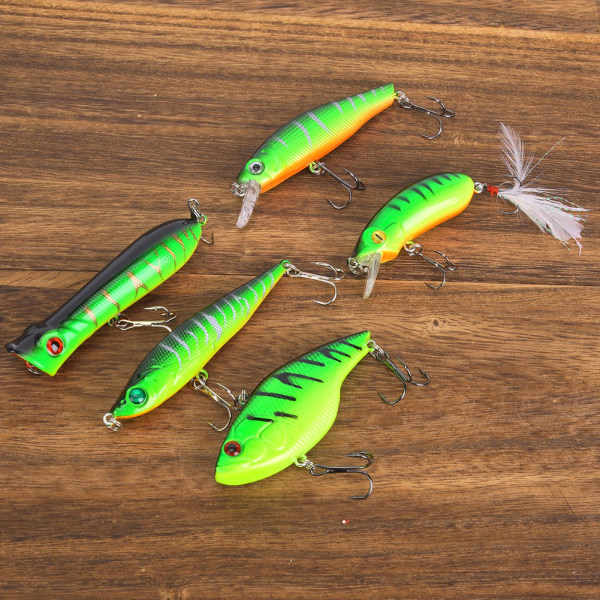 5 Styck Bete Fisk Lure Set med skarpa Diskant Krok Fiskeredskap Grön