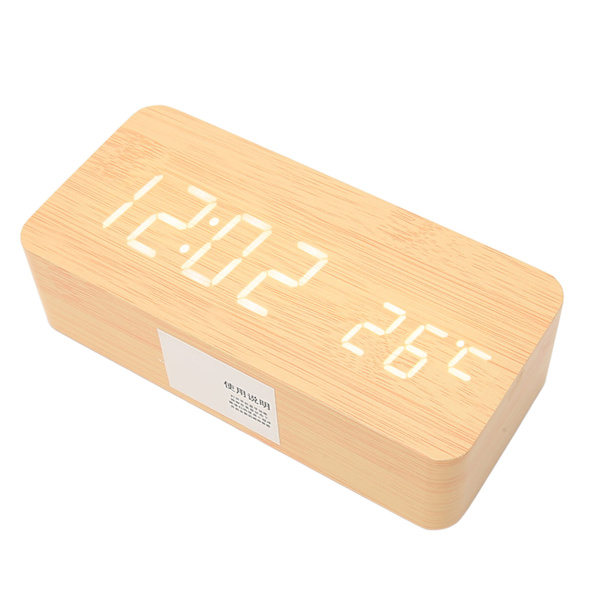 Trä digital klocka LED-display pekskärm ljudkontroll BT-anslutning digital skrivbordsklocka för sovrum kontor café