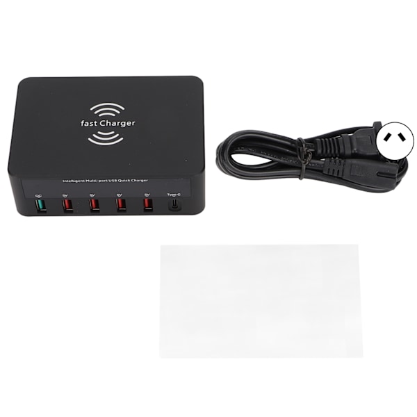 USB-telefonopladningsstation Blok 40W 6 Port QC 3.0 Opladehub Trådløs opladningsbase med LCD-skærm 100‑240V Sort AU-stik