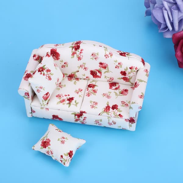 Dockskåpstillbehör Blommönster Mini Möbler Dubbelsoffa för 1/12 Skala Docka (#1)