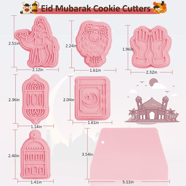 Sett med 6 Eid Mubarak kakeformer med 1 deigskrape, 3D Ramadan islamske kakeformer, kamel lykt design, BPA-fri