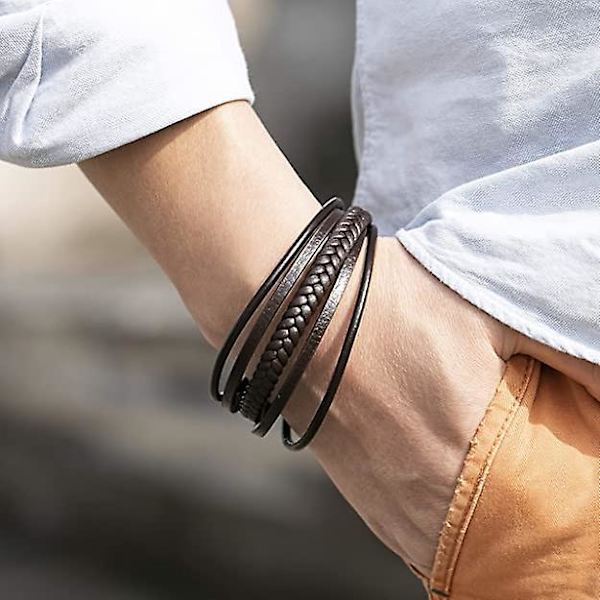Brun læder flettet herre armbånd med naturlige helbredende sten og magnetisk lås