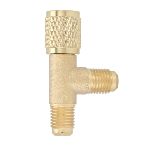 Kestävä messinkipikaliitin T-sovitin venttiilillä - 1/4" SAE - R22 R12 R134 - kulta (1 kpl)