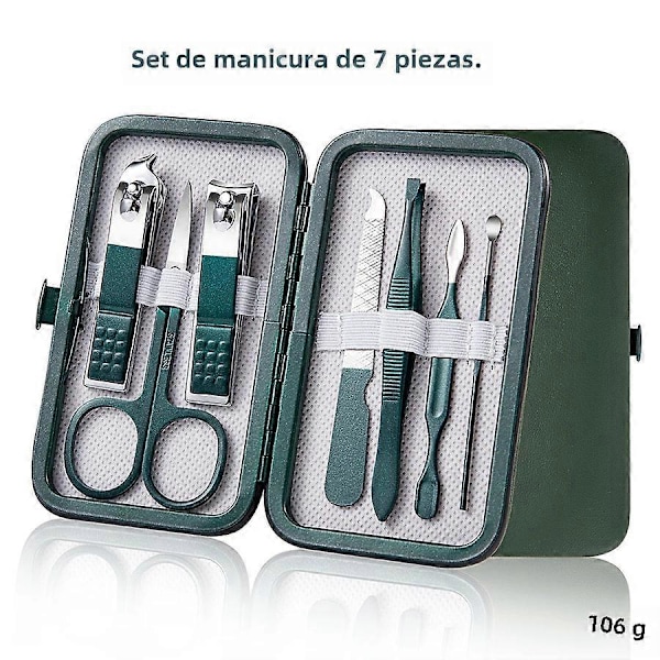 Professionellt Manikyrset för Män och Kvinnor med 7-18 Delar Nagelklippare i Rostfritt Stål Nagelverktyg med Resefodral i Läder Grön 7 st set