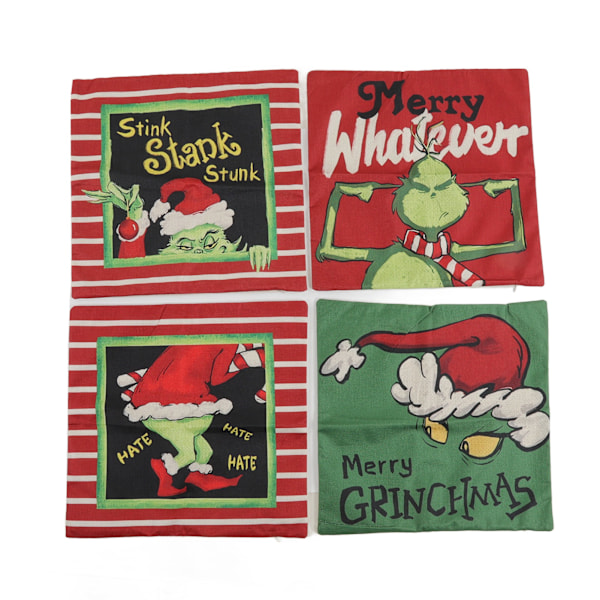 Julgransöverdrag i grönt tecknat linnematerial med dragkedja, juldekorationer för inomhus- och utomhusbruk, 4-pack A01 04