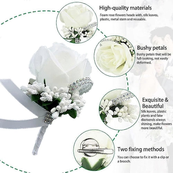 2025 Lämplig 4st Bröllopsboutonniere Vit Ros, Ros Boutonniere Handgjord Bröllopsarmbandsblomma Corsage