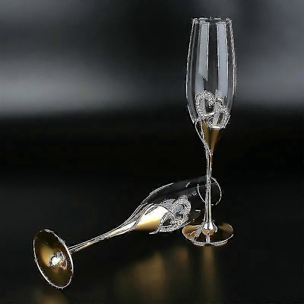 Bröllop Kristall Champagneglas Guld Metallställ Flöjter Vinglas Bägare 2st/set