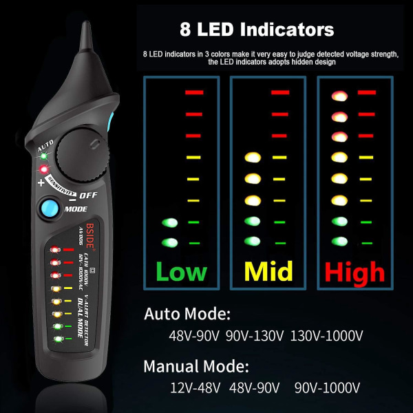 NCV beröringsfri spänningsdetektor AC 12 till 1000V testare med automatiskt och manuellt läge, justerbar känslighet, färg LED-indikator och ficklampa